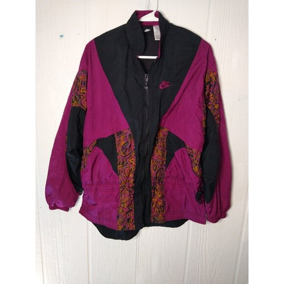 Nike Jackets & Blazers - Vtg 80s Nike Track Jacket Women M Black Maroon Bold Pattern Festival Windbreaker